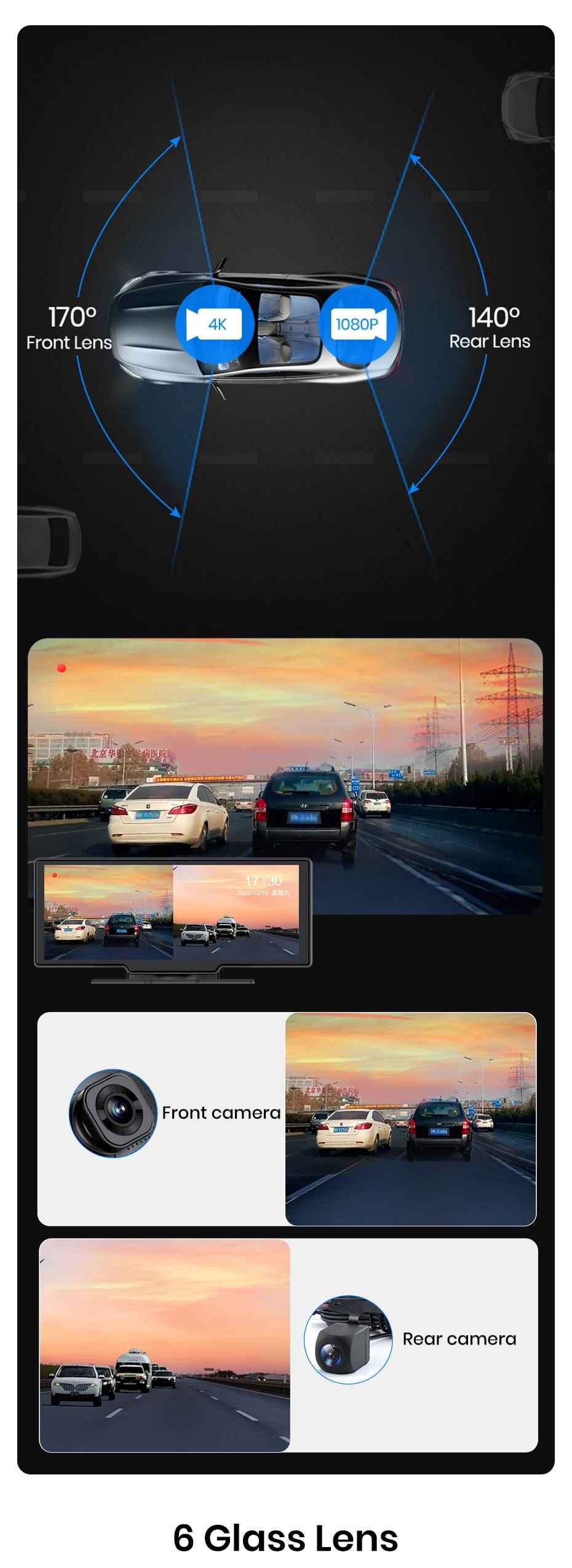 10,26 ”Dash Cam Rückfahrkamera Wifi Carplay & Android Auto 4K DVR GPS Navigation Video Recorder Dashboard Dual Len