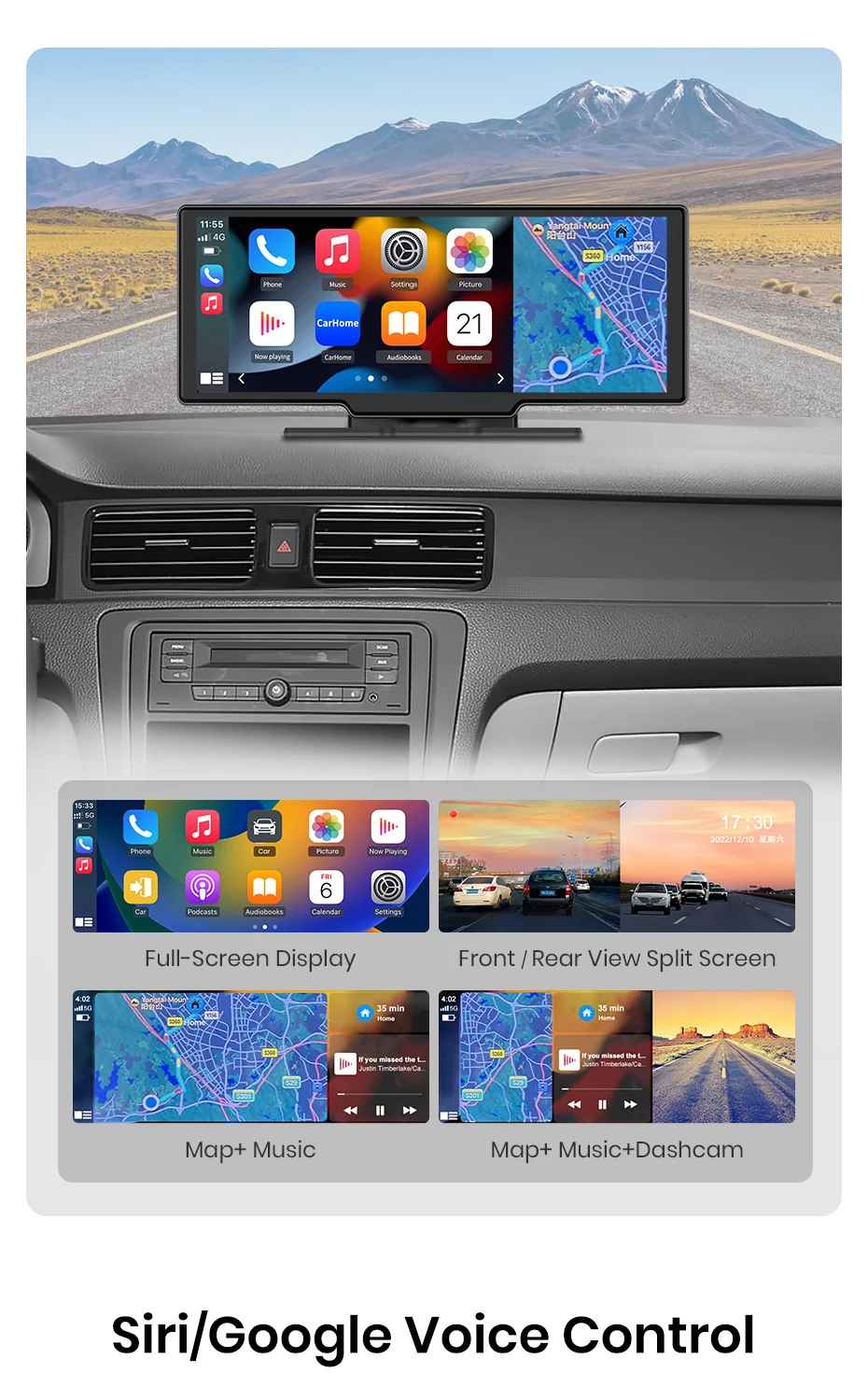 10,26 ”Dash Cam Rückfahrkamera Wifi Carplay & Android Auto 4K DVR GPS Navigation Video Recorder Dashboard Dual Len