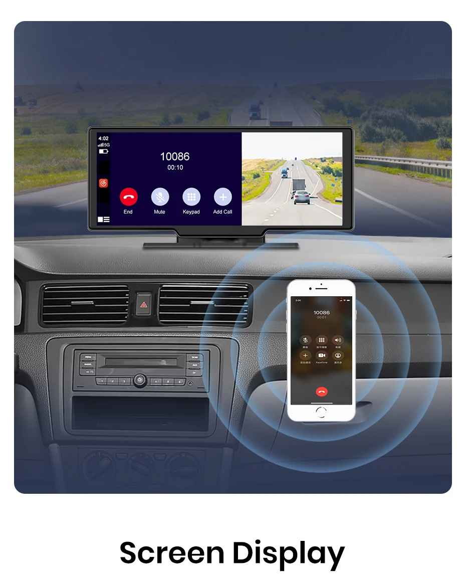 10,26 ”Dash Cam Rückfahrkamera Wifi Carplay & Android Auto 4K DVR GPS Navigation Video Recorder Dashboard Dual Len