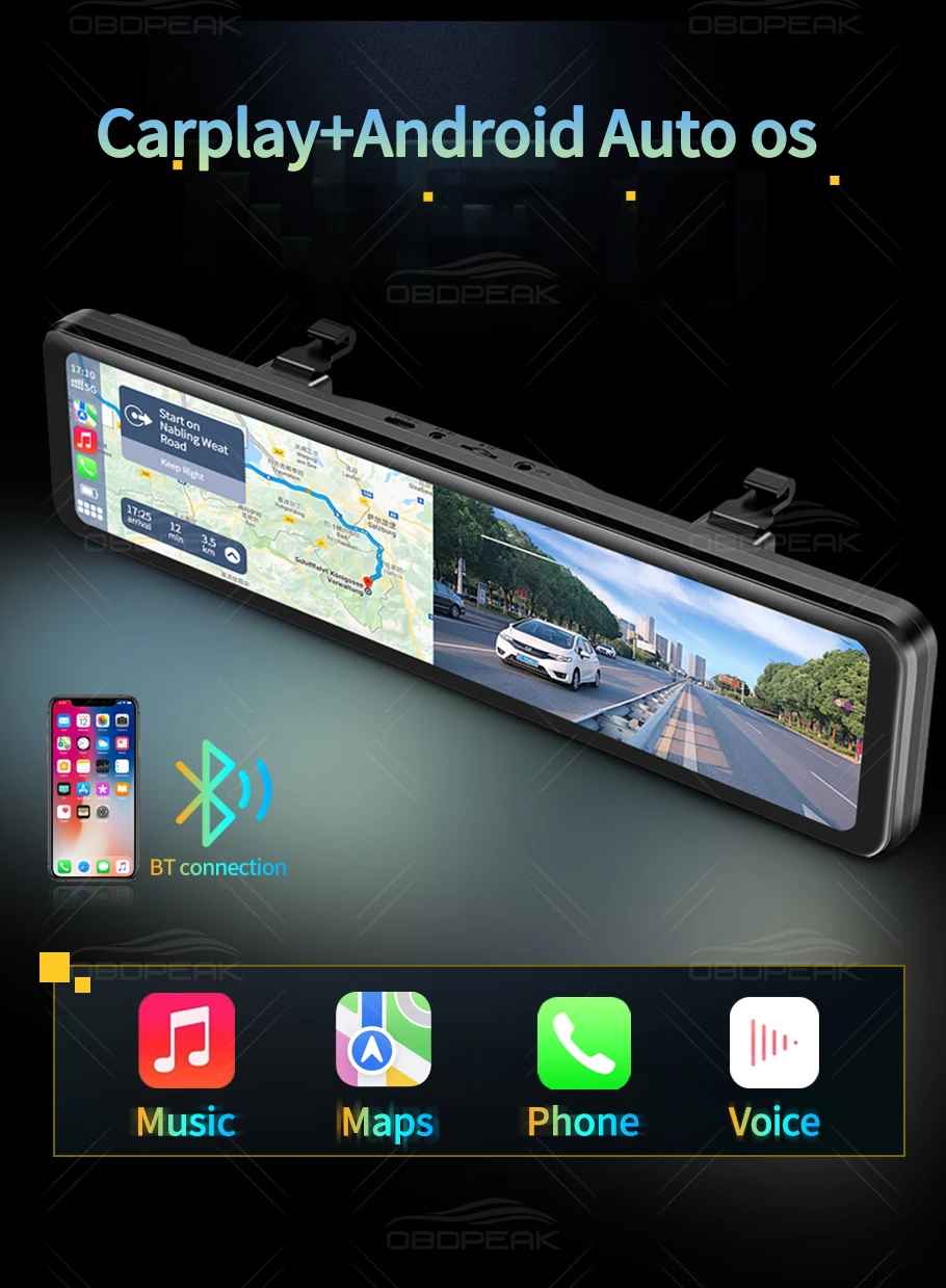 OBDPEAK K4 11,26" Carplay & Android Auto 4K 2160P Wifi Dash Cam Rückspiegel Auto DVR GPS Navigation Video Recorder Dual Objektiv