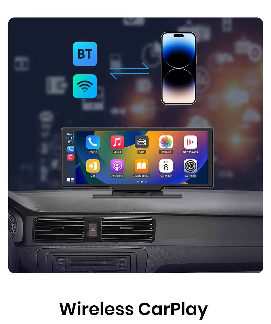 10,26 ”Dash Cam Rückfahrkamera Wifi Carplay & Android Auto 4K DVR GPS Navigation Video Recorder Dashboard Dual Len