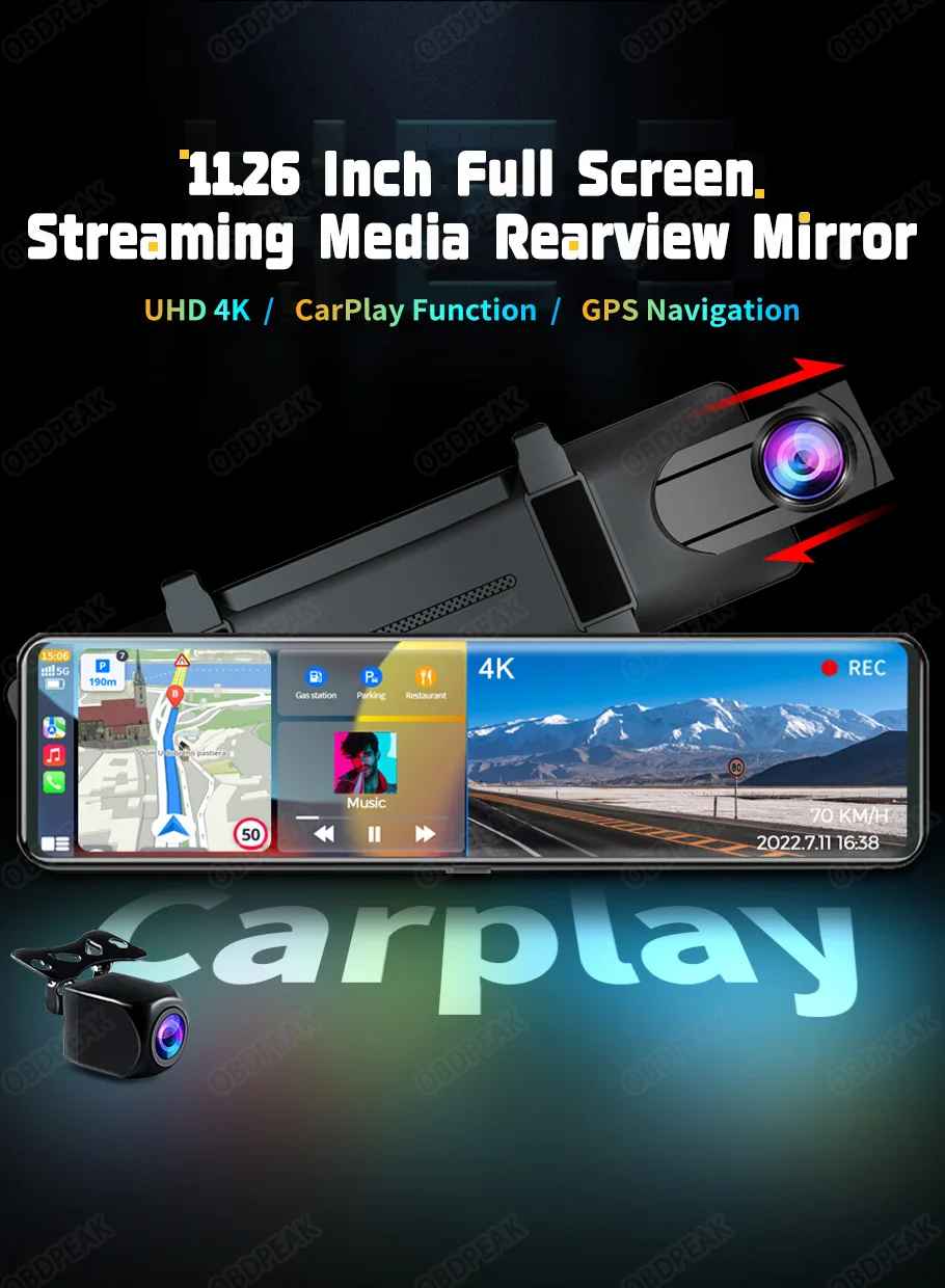 OBDPEAK K4 11,26" Carplay & Android Auto 4K 2160P Wifi Dash Cam Rückspiegel Auto DVR GPS Navigation Video Recorder Dual Objektiv