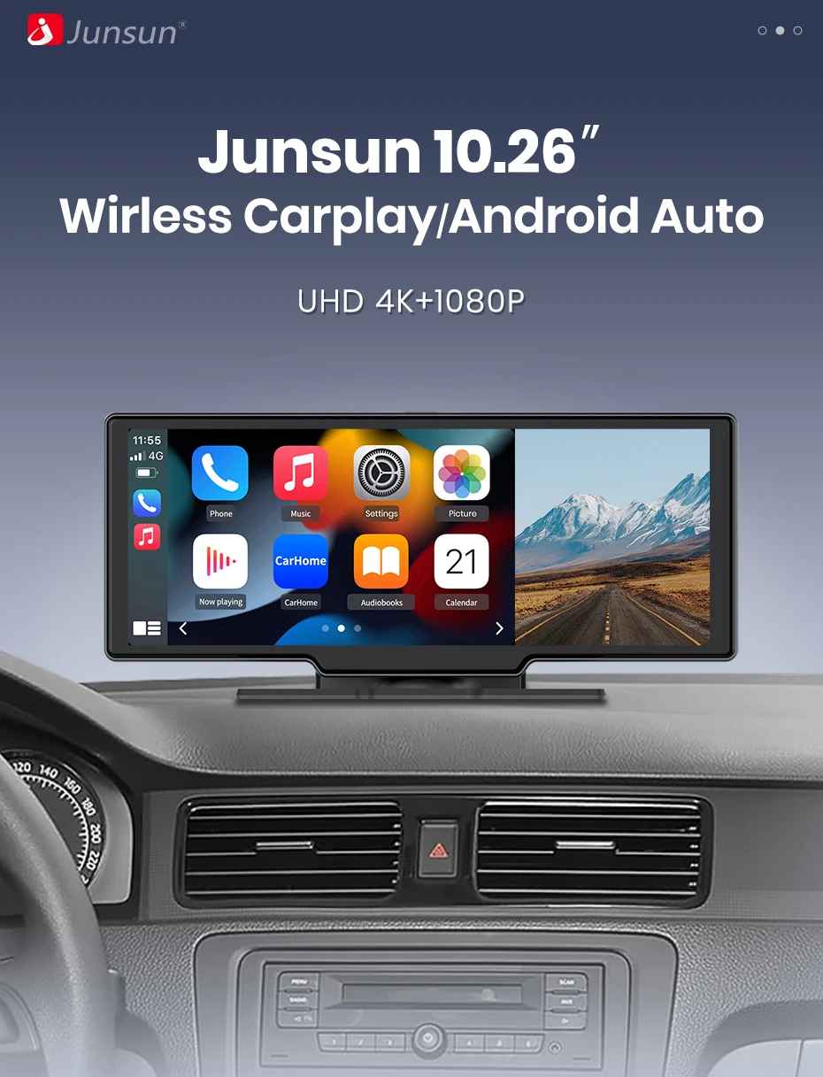 10,26 ”Dash Cam Rückfahrkamera Wifi Carplay & Android Auto 4K DVR GPS Navigation Video Recorder Dashboard Dual Len