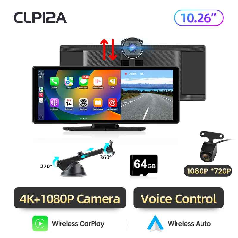 10,26 ”Dash Cam Rückfahrkamera Wifi Carplay & Android Auto 4K DVR GPS Navigation Video Recorder Dashboard Dual Len