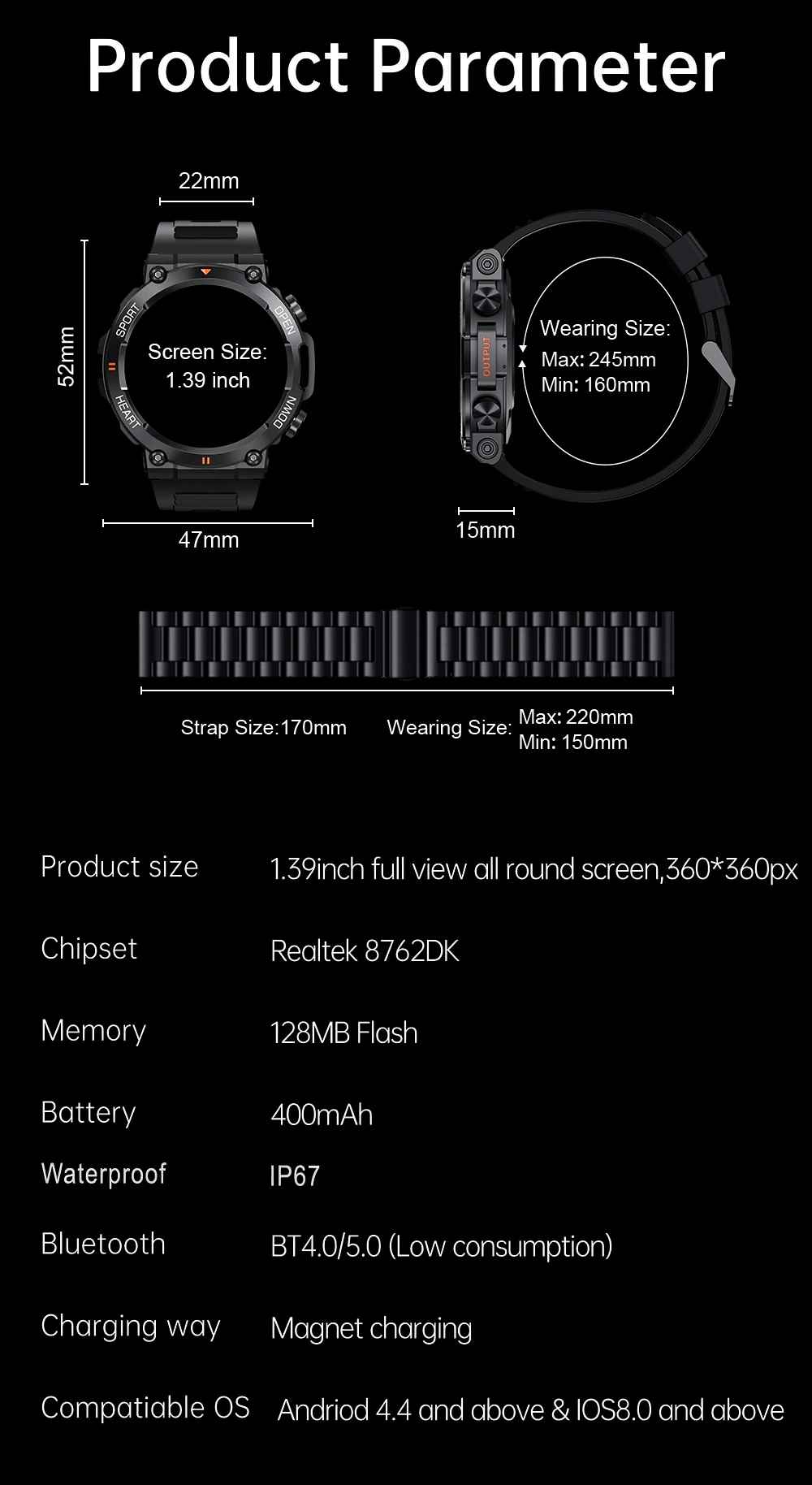 MEVADEN 1,39 zoll HD  Anruf Smart Uhr