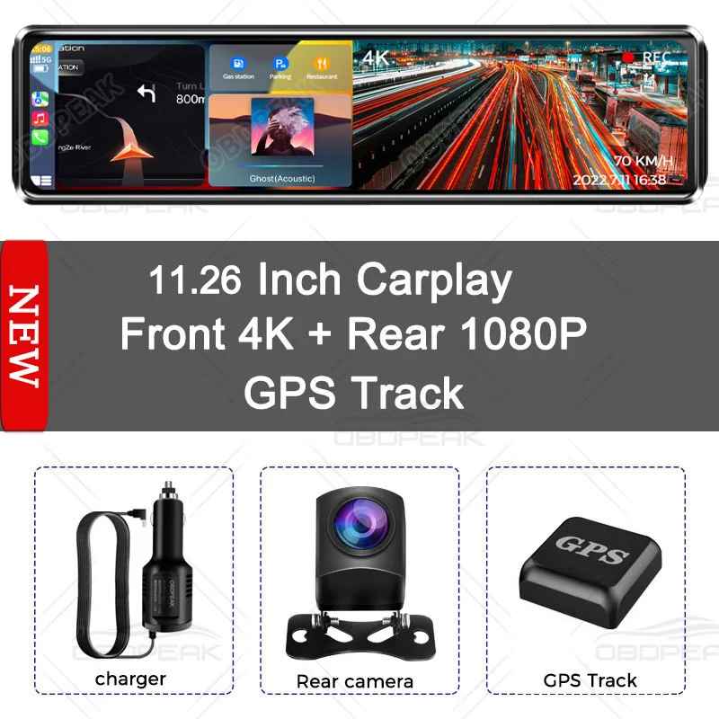 OBDPEAK K4 11,26" Carplay & Android Auto 4K 2160P Wifi Dash Cam Rückspiegel Auto DVR GPS Navigation Video Recorder Dual Objektiv