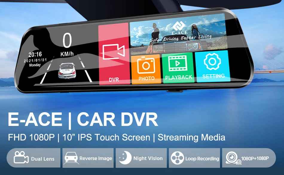 E-ACE 10 Zoll Auto DVR Spiegel Video Recorder 1080P