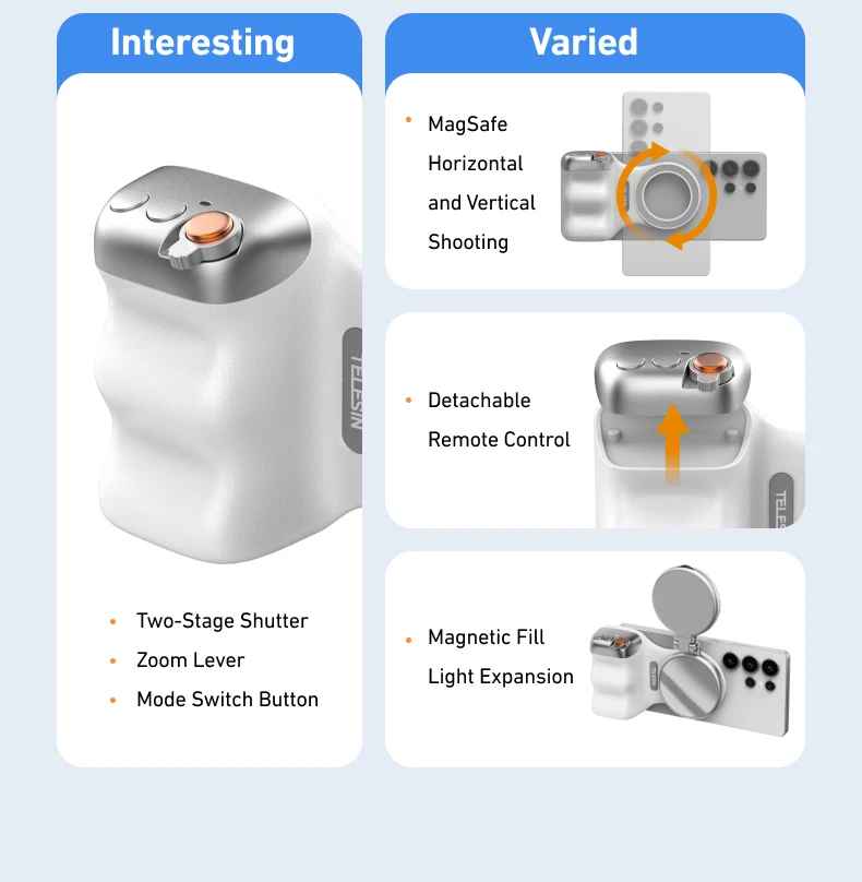 TELESIN Magnetic Camera Grip with Detachable Remote Shutter for All Smartphones