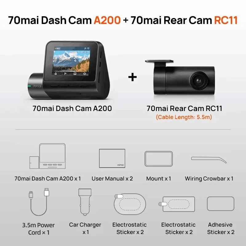 global 70mai Dash Cam A200 Dual-kanal Rekord 1080P HDR