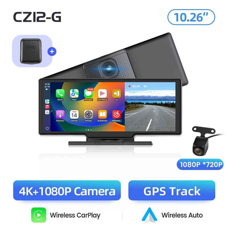 10,26 ”Dash Cam Rückfahrkamera Wifi Carplay & Android Auto 4K DVR GPS Navigation Video Recorder Dashboard Dual Len