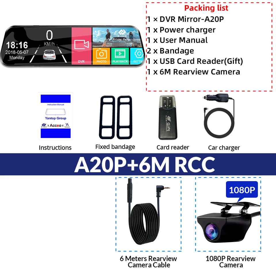 E-ACE 10 Zoll Auto DVR Spiegel Video Recorder 1080P