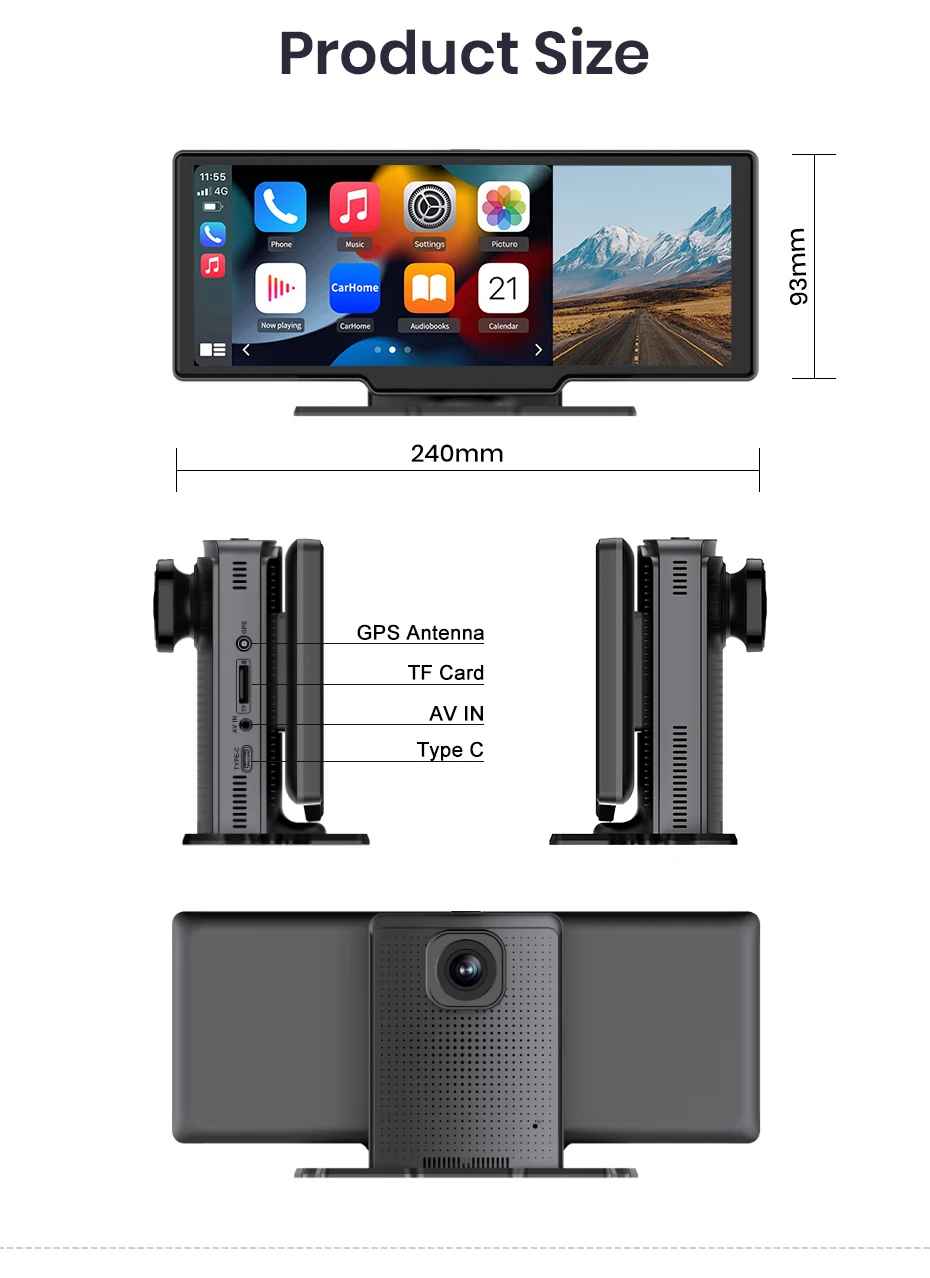 10,26 ”Dash Cam Rückfahrkamera Wifi Carplay & Android Auto 4K DVR GPS Navigation Video Recorder Dashboard Dual Len