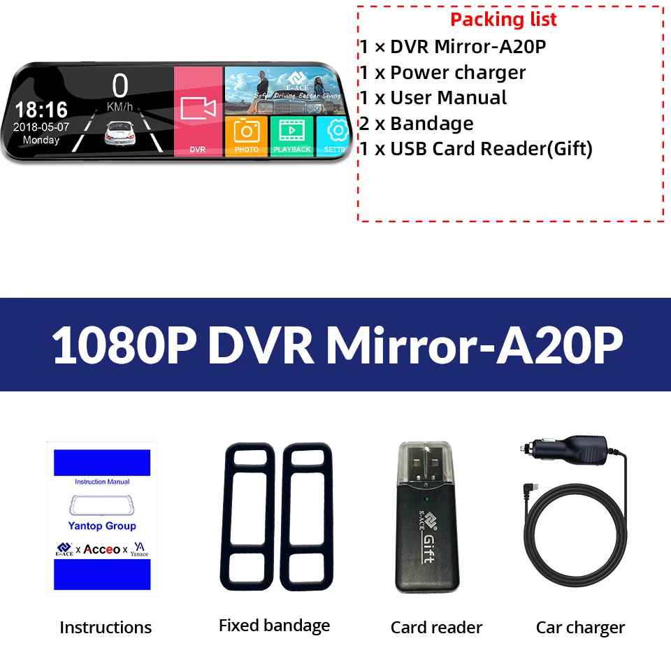 E-ACE 10 Zoll Auto DVR Spiegel Video Recorder 1080P