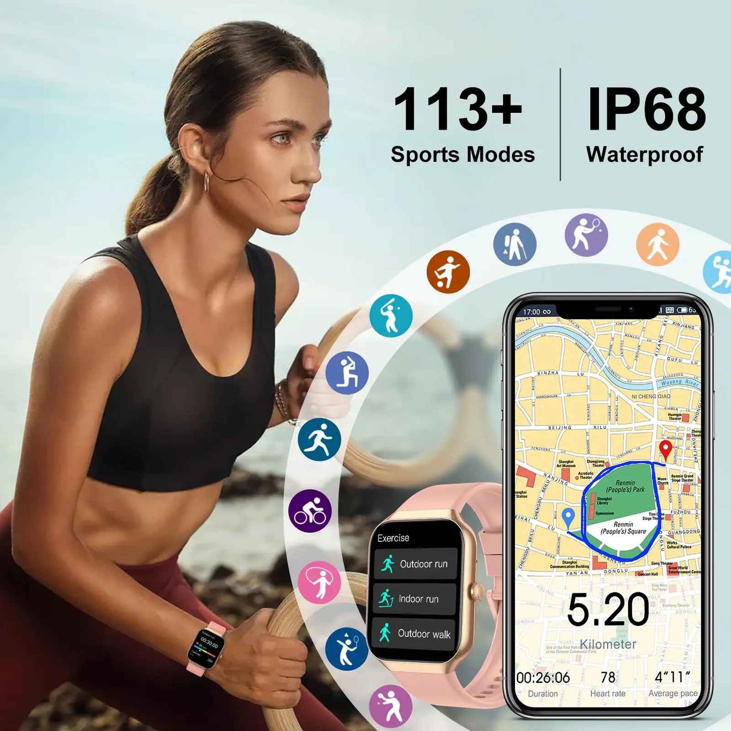 Smartwatch, 1,96 Zoll HD-Anrufwiederherstellung, ab 115 Sportmodi, IP68 wasserdichter Fitness-Tracker iOS, Android.