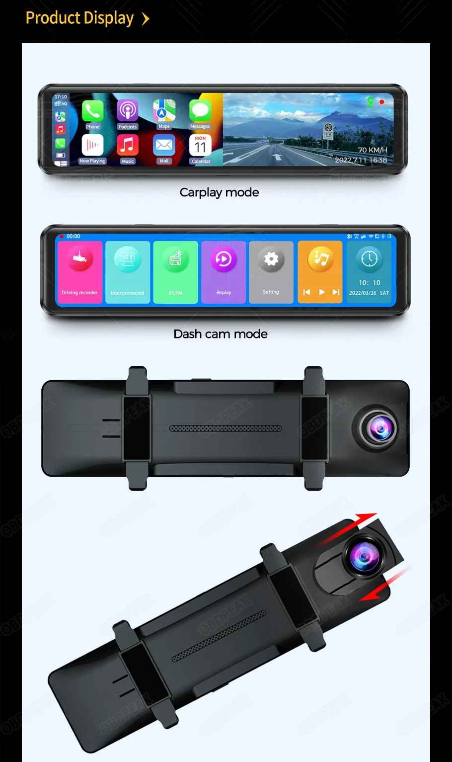 OBDPEAK K4 11,26" Carplay & Android Auto 4K 2160P Wifi Dash Cam Rückspiegel Auto DVR GPS Navigation Video Recorder Dual Objektiv