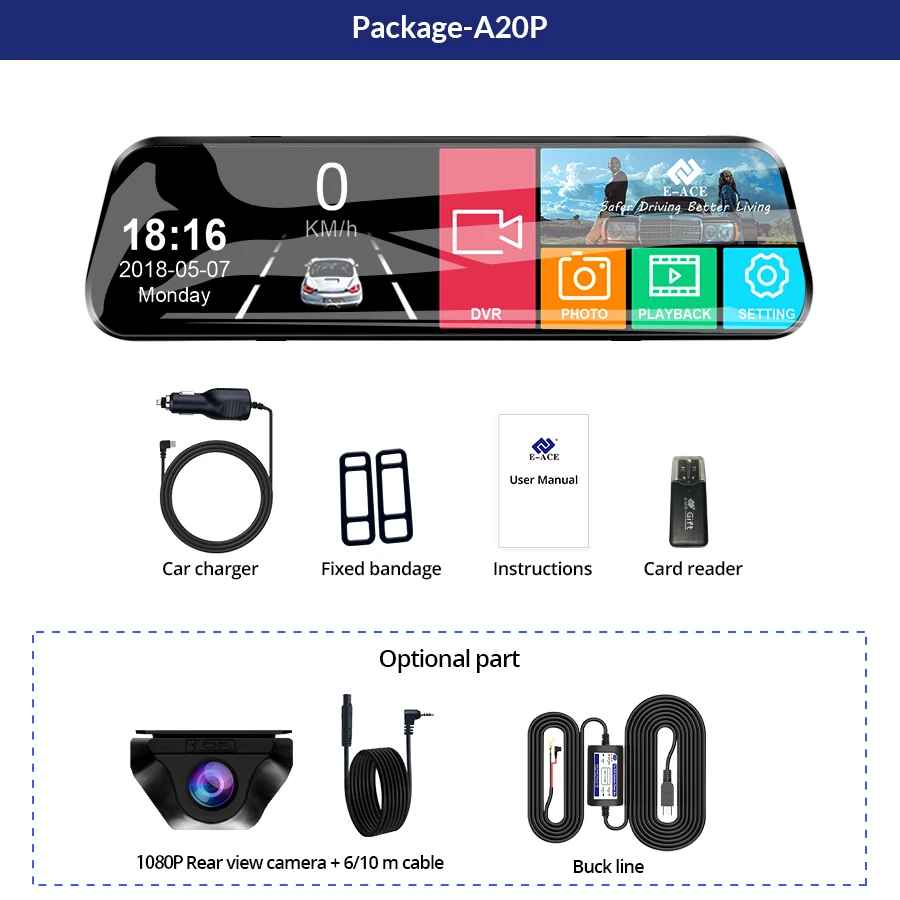 E-ACE 10 Zoll Auto DVR Spiegel Video Recorder 1080P