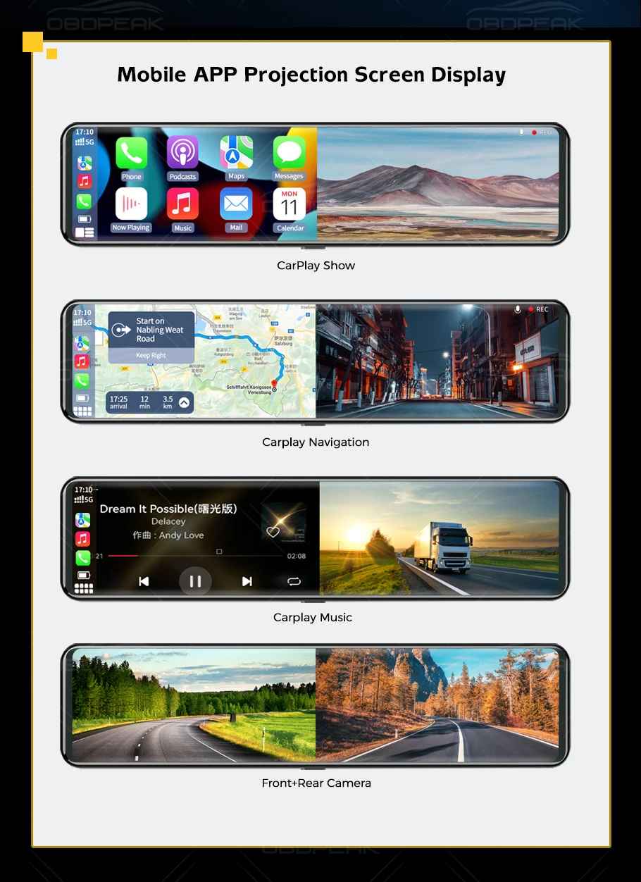 OBDPEAK K4 11,26" Carplay & Android Auto 4K 2160P Wifi Dash Cam Rückspiegel Auto DVR GPS Navigation Video Recorder Dual Objektiv